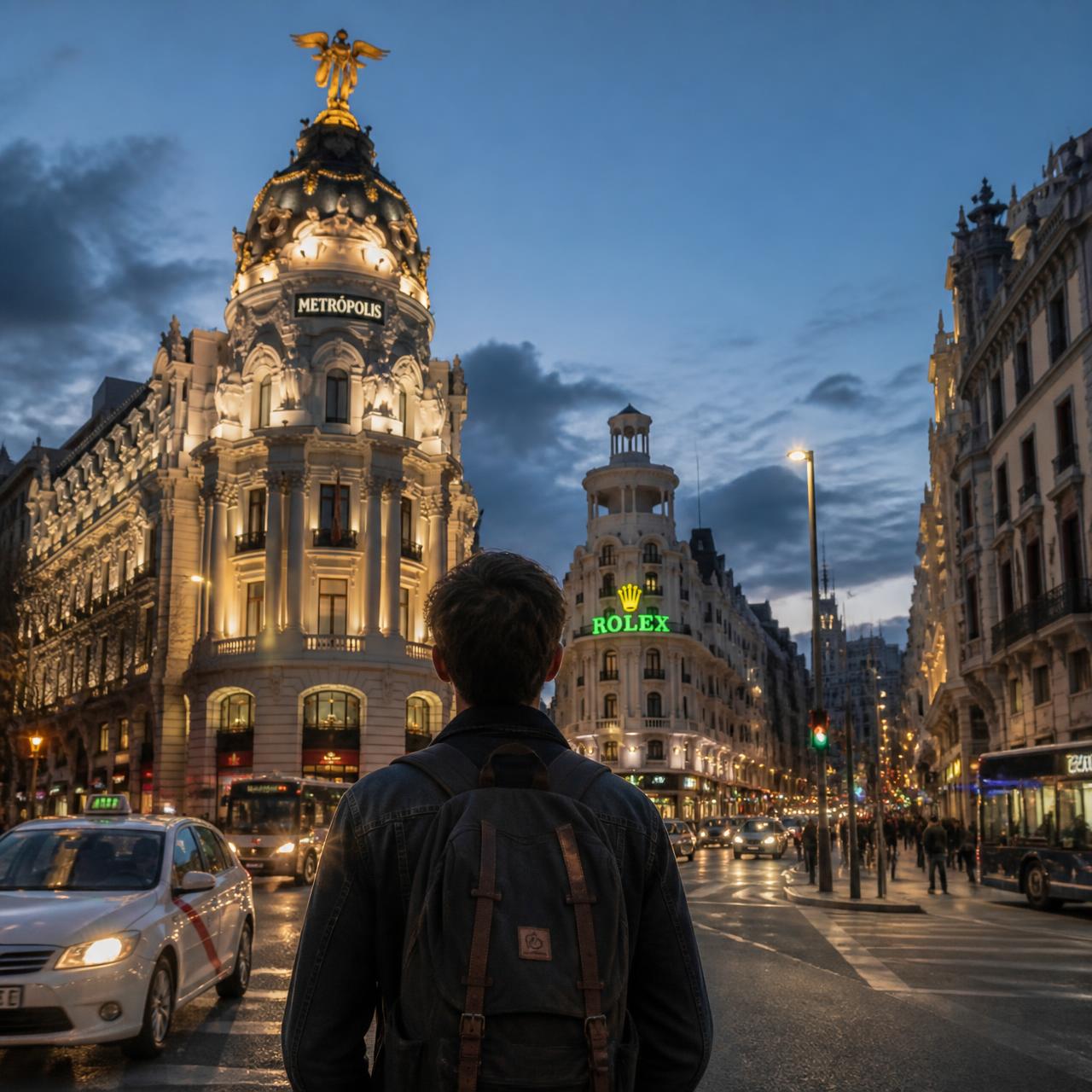 Estudiante frente al edificio Metrópolis en la Gran Vía de Madrid